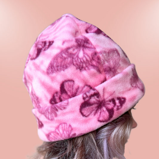 Handmade Pink Butterfly Beanie – Soft Warm Fleece Winter Hat
