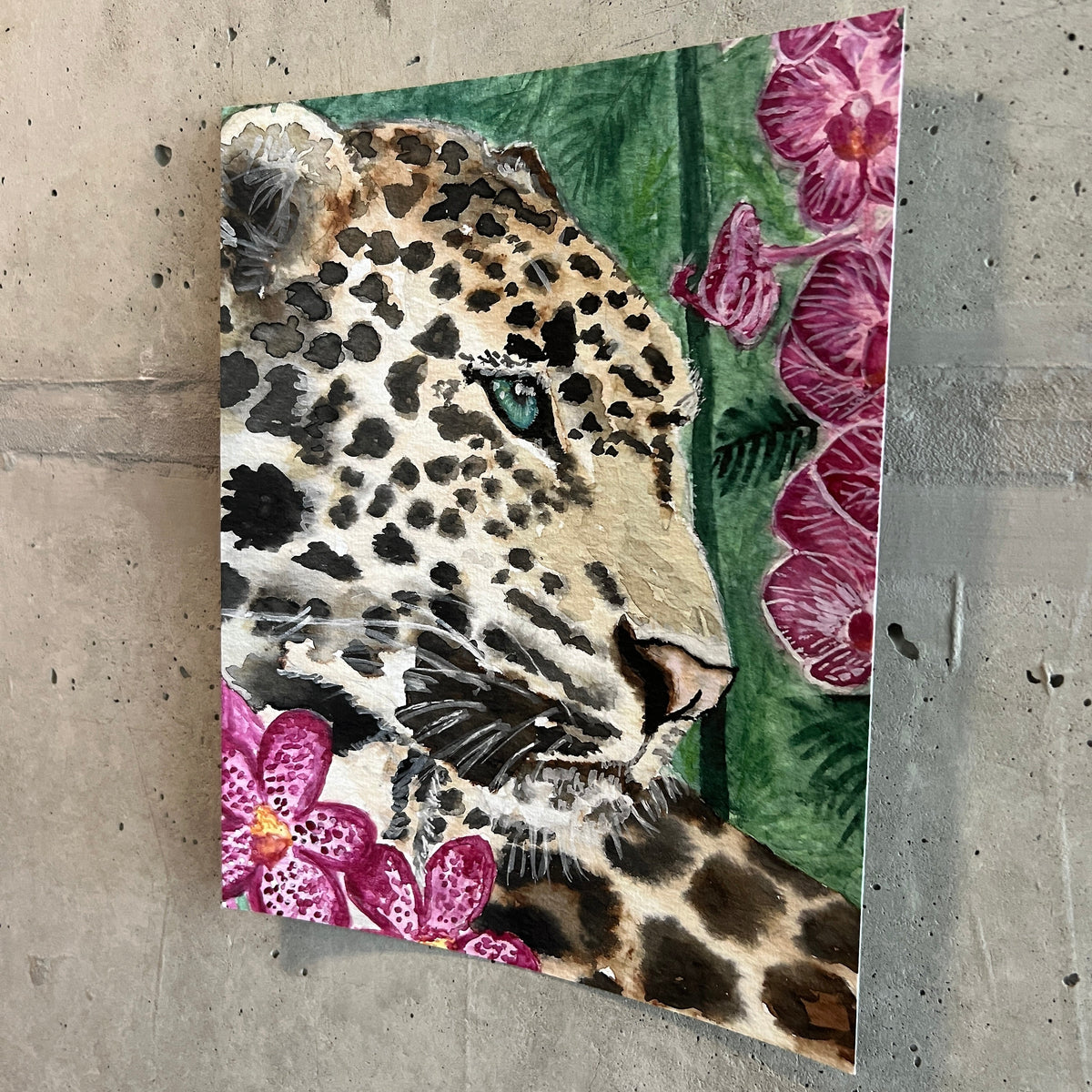 art print of a leopard and orchids