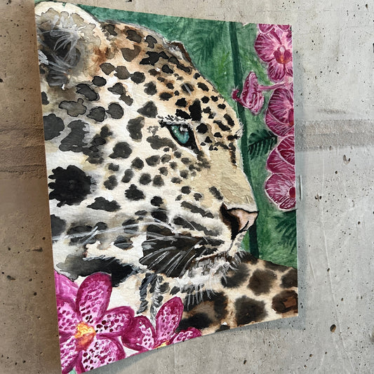 art print of a leopard and orchids