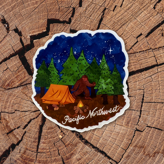 Camping with Bigfoot PNW Sticker - Durable Vinyl / Outdoor: 💧🌞🏕️