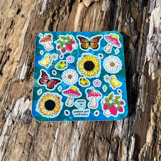 Garden Friends Sticker Sheet- Durable Vinyl / Outdoor: 💧🌞🏕️