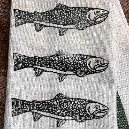 Hand-Stamped Brook Trout Tea Towel – Limited Edition, 100% Cotton Kitchen Towel |#001