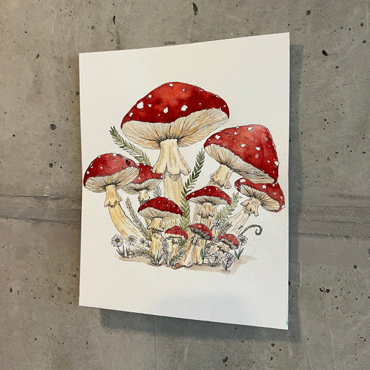 Artistic depiction of red and white mushrooms