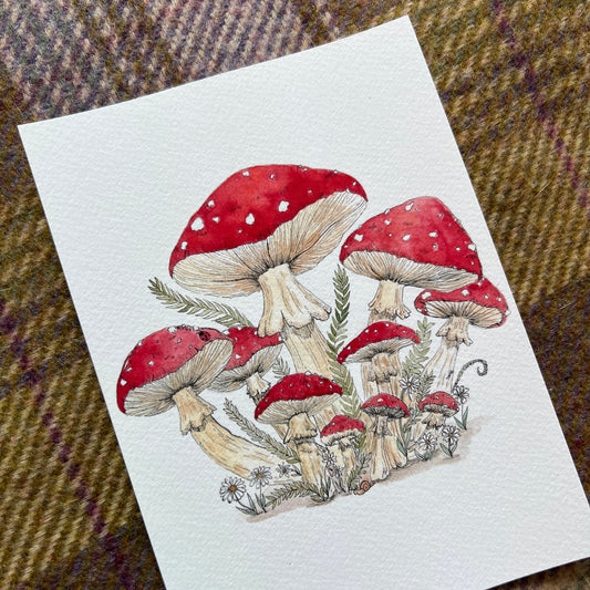 Red Cluster Mushroom Illustrartion against a plaid fabric background