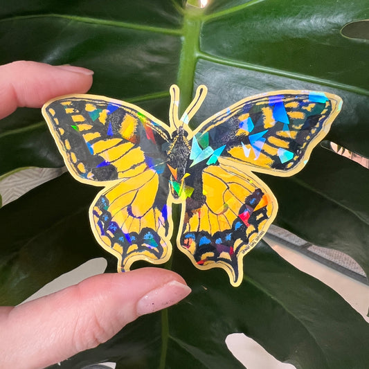Holographic butterfly sticker held over a leafy green background