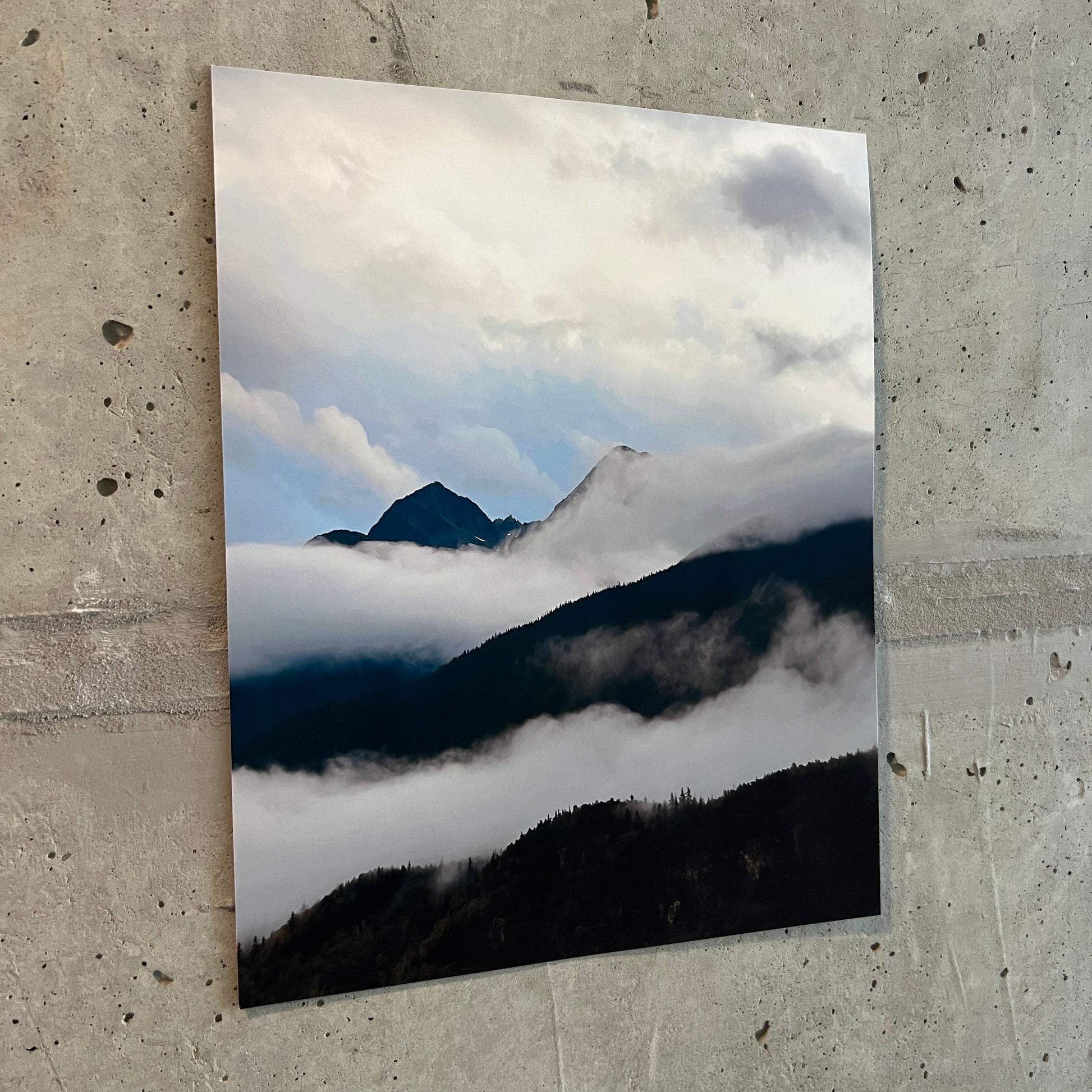 art print of a photo of foggy mountains