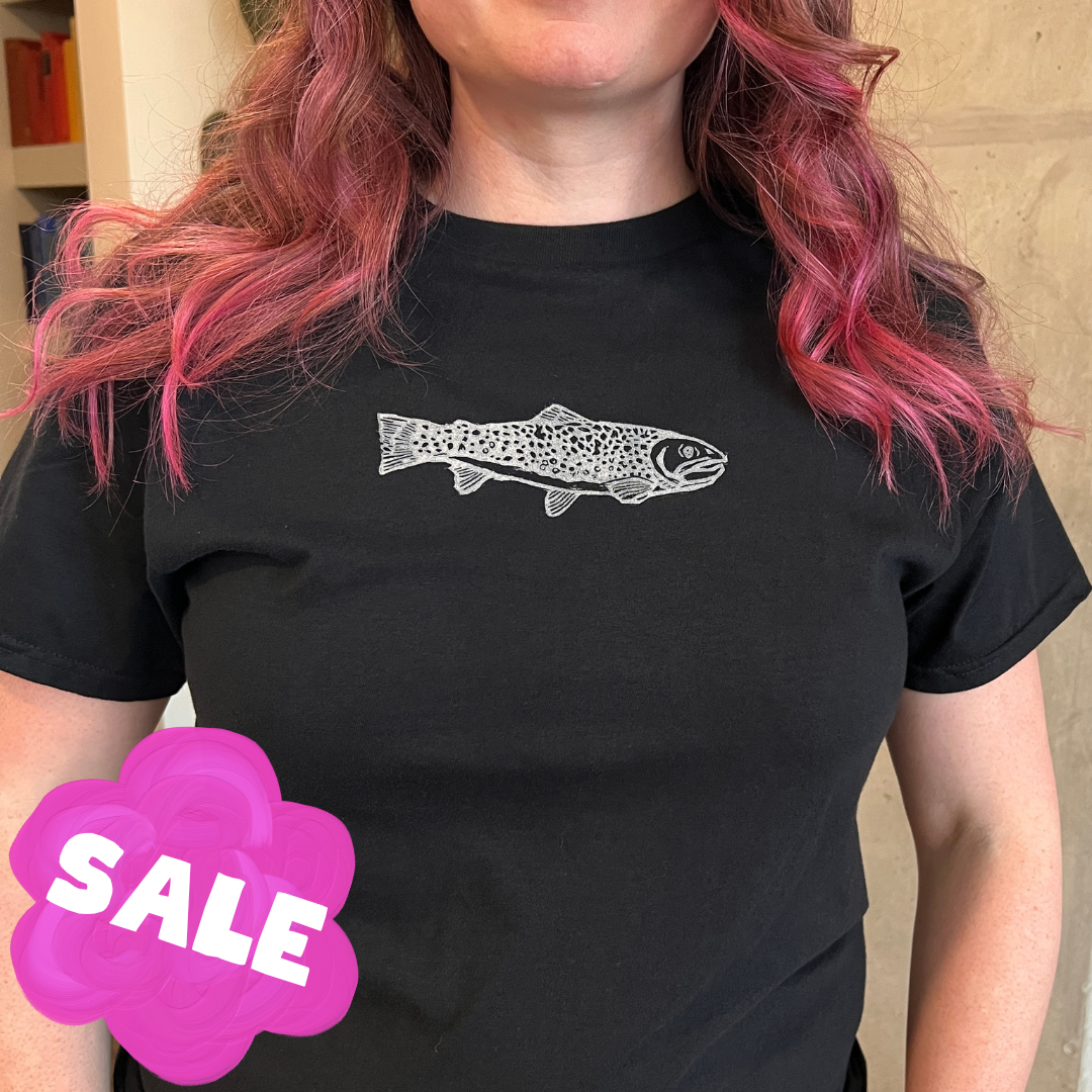 Hand Printed Black T-Shirt – Brook Trout –Size Medium – Limited Edition |#002
