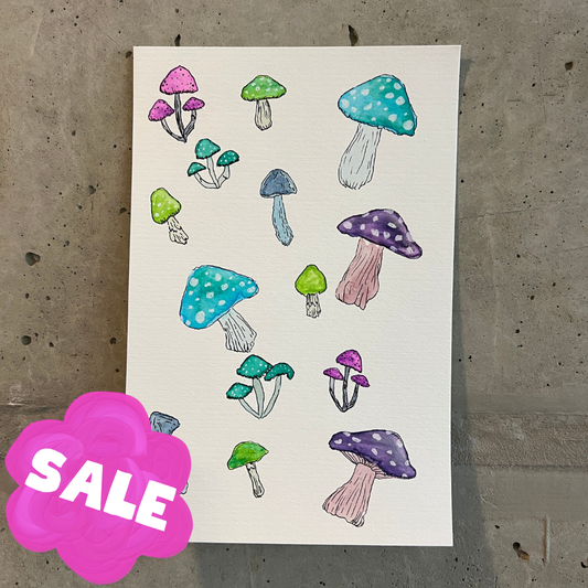 Signed "Happy Little Mushrooms" Watercolor Painting (Unframed) #2/2
