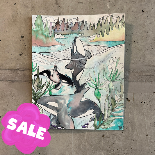 💚Signed "Orcas in the PNW" Watercolor Painting 8x10" (Unframed)