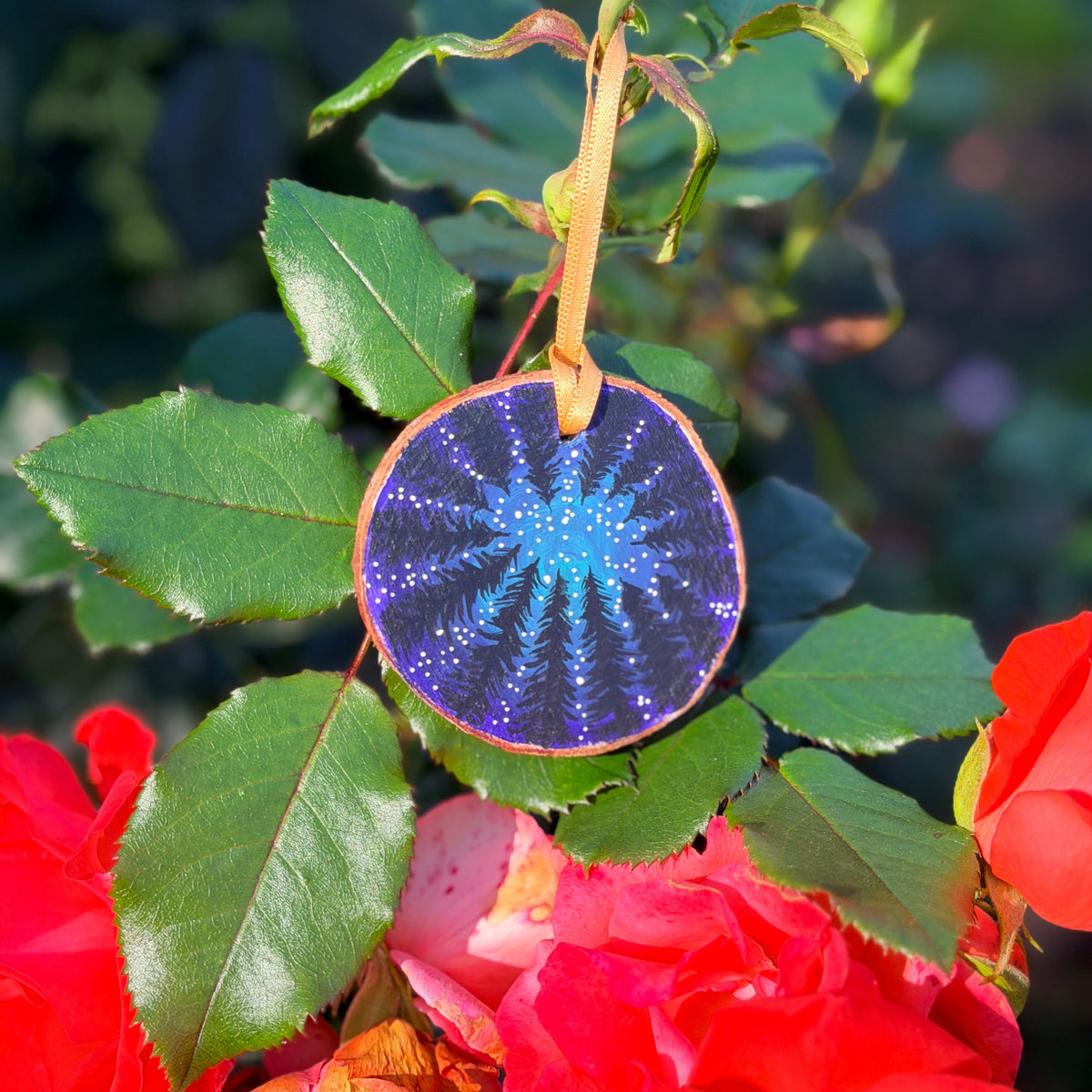 Hand-painted Wooden Starlit Forest Ornament