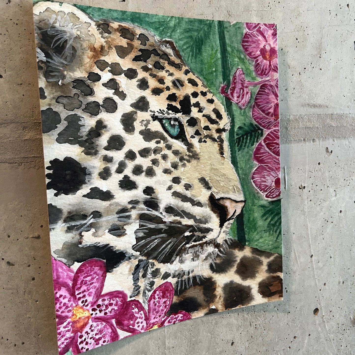 art print of a leopard and orchids