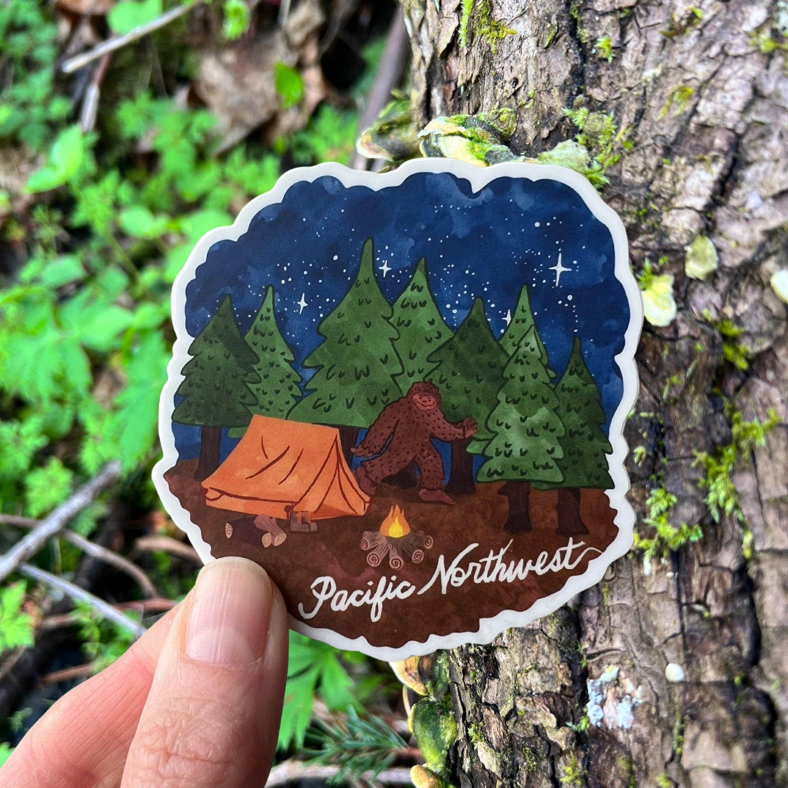 Sticker of a camping scene with trees and 'Pacific Northwest' text, held against a tree trunk.