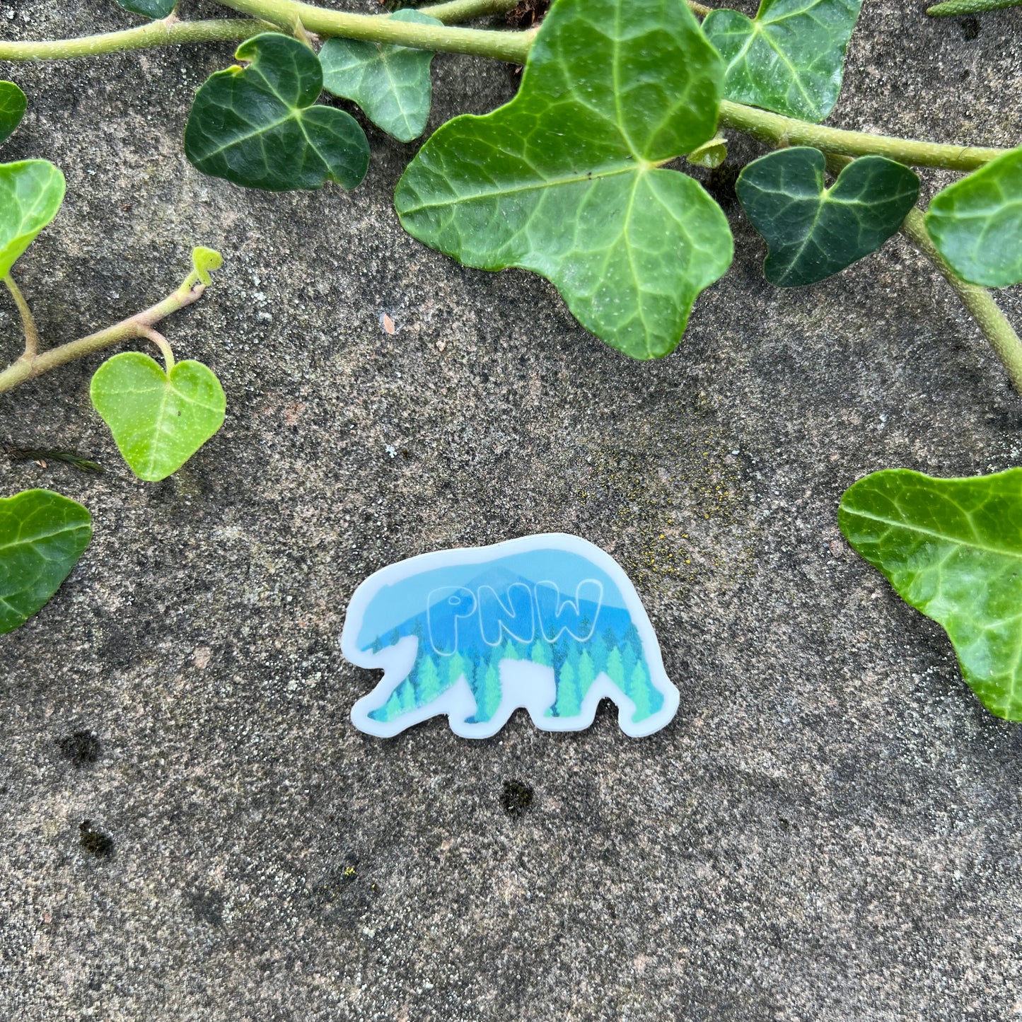 Sticker of a bear with 'PNW' on a rocky surface with green leaves.