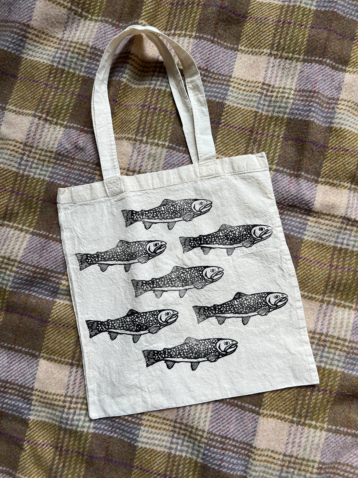 Hand-Stamped Brook Trout Pattern Tote – Lightweight Cotton Canvas- Lim ...