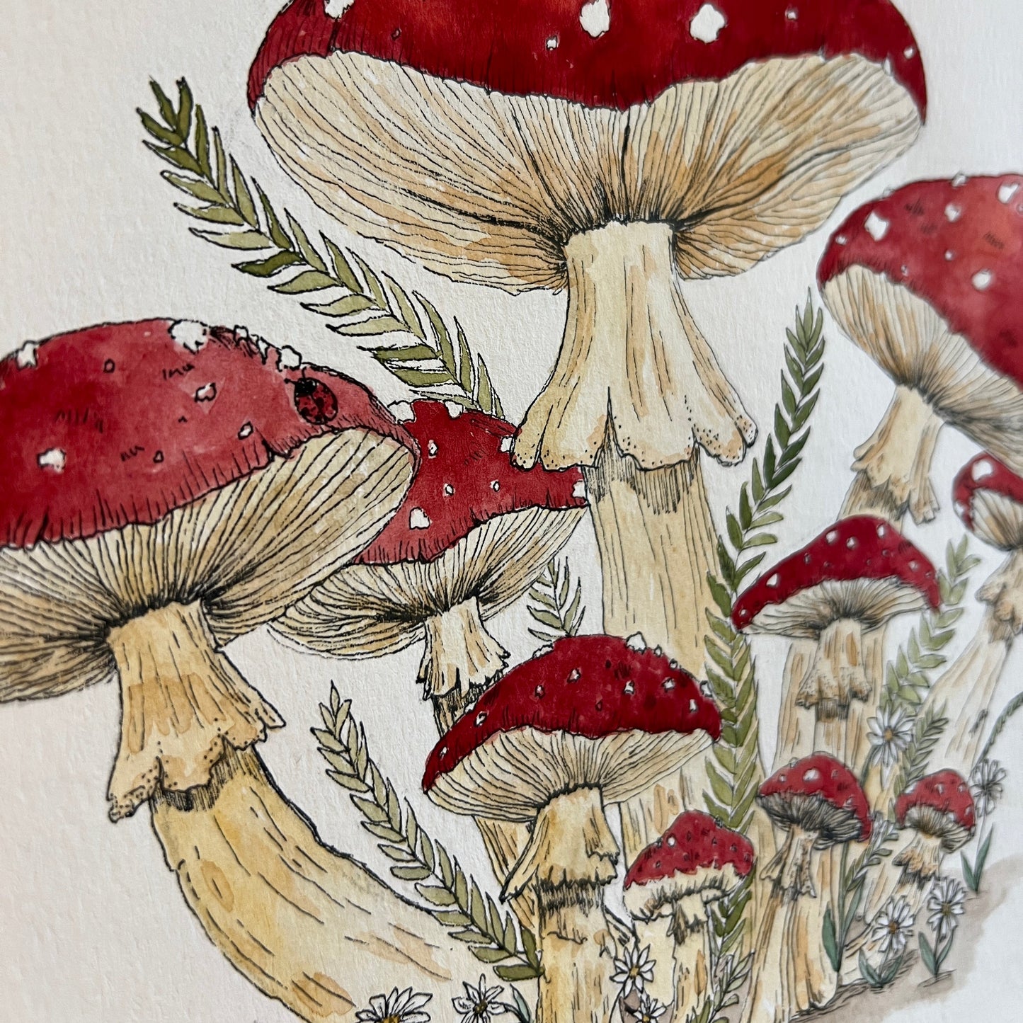 Illustration of red and brown mushrooms with green leaves on a textured background