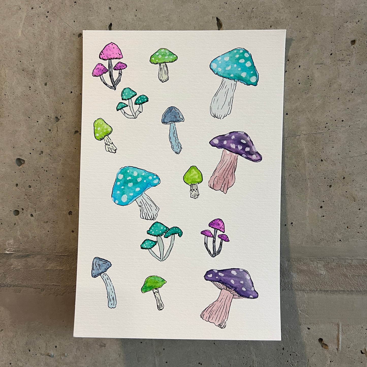 Signed "Happy Little Mushrooms" Watercolor Painting (Unframed) #2/2