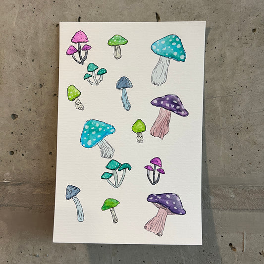 Signed "Happy Little Mushrooms" Watercolor Painting (Unframed) #2/2