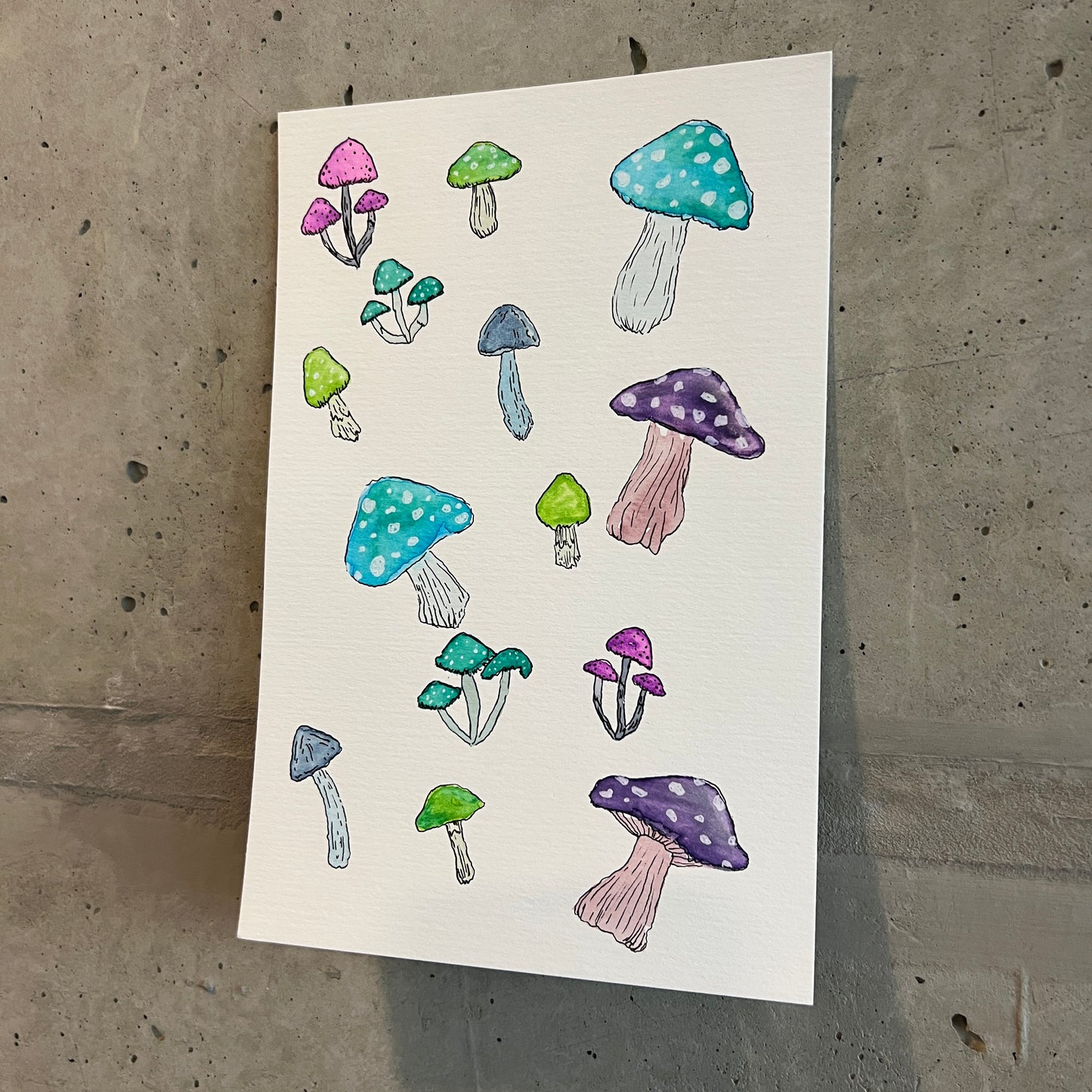 Signed "Happy Little Mushrooms" Watercolor Painting (Unframed) #2/2