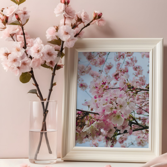 A white-framed cherry blossom print sits beside a glass vase filled with pink flowering branches against a soft blush wall.