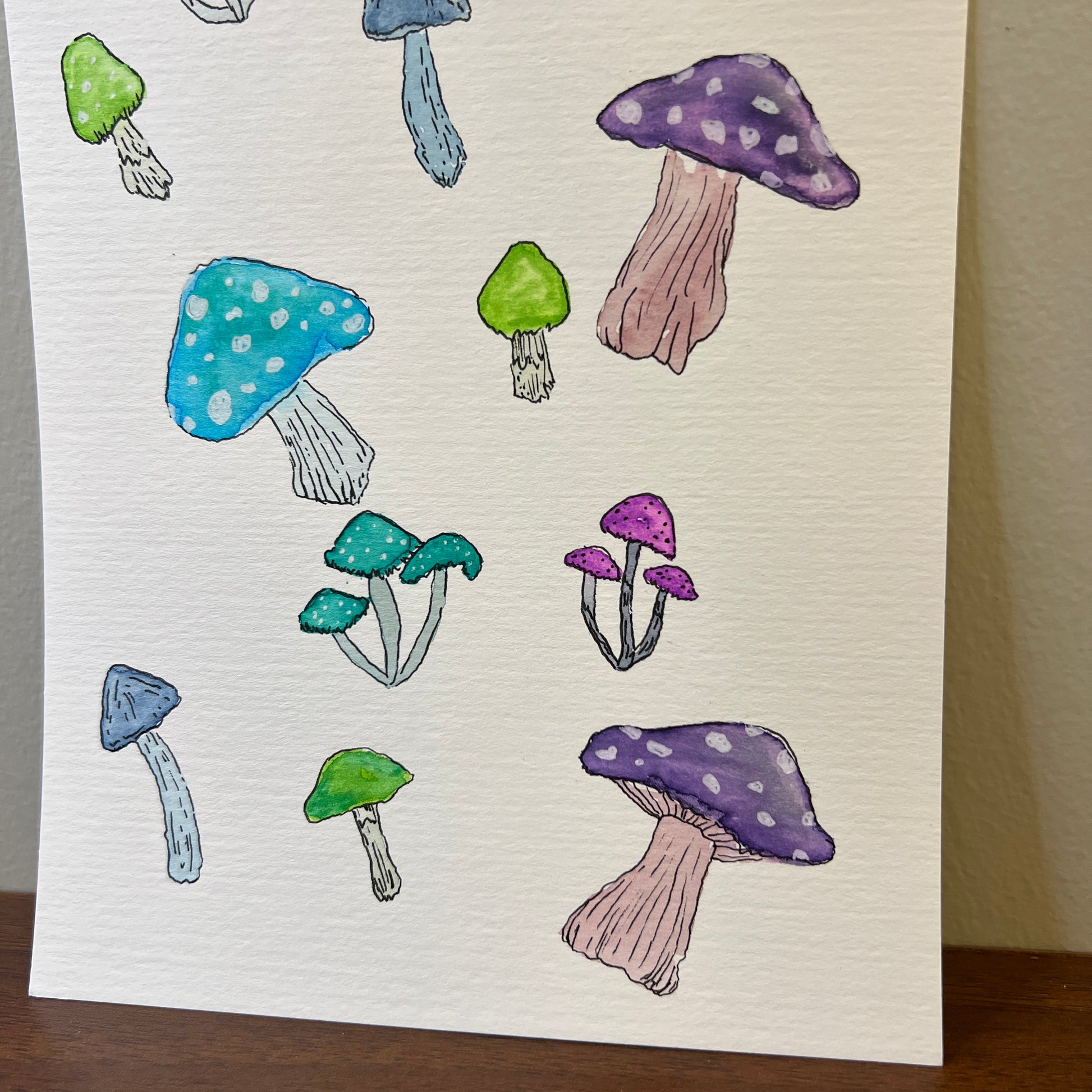Colorful mushroom illustrations on a textured paper background