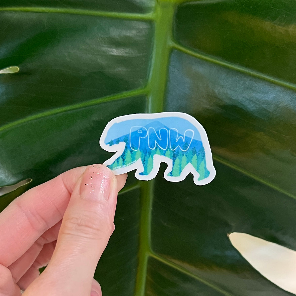 Hand holding a PNW bear sticker against a leaf background
