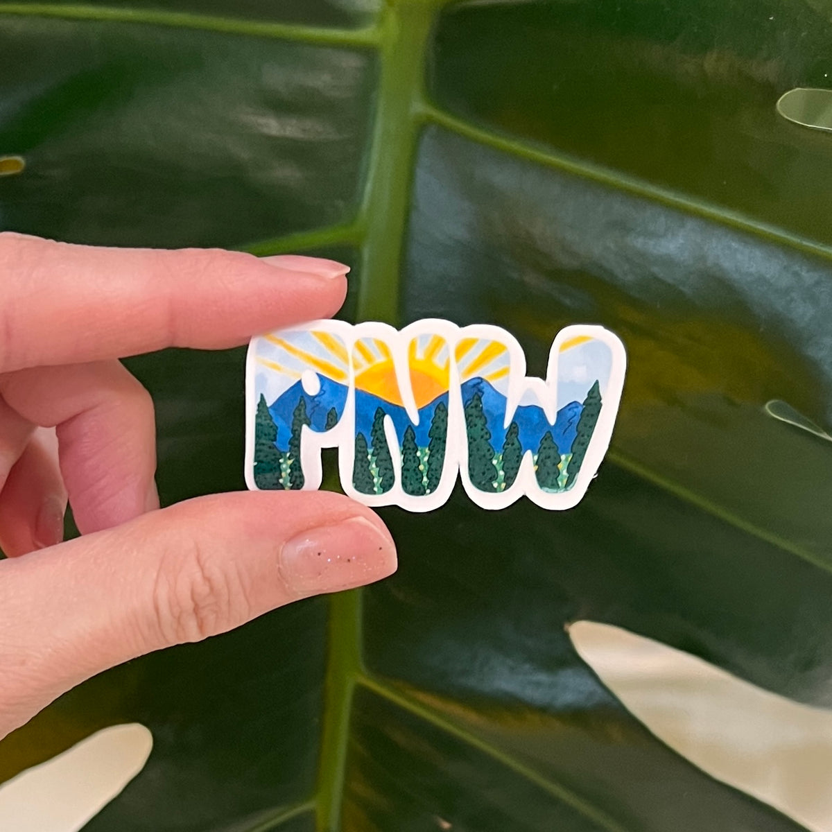 Hand Holding a PNW Mountains sticker