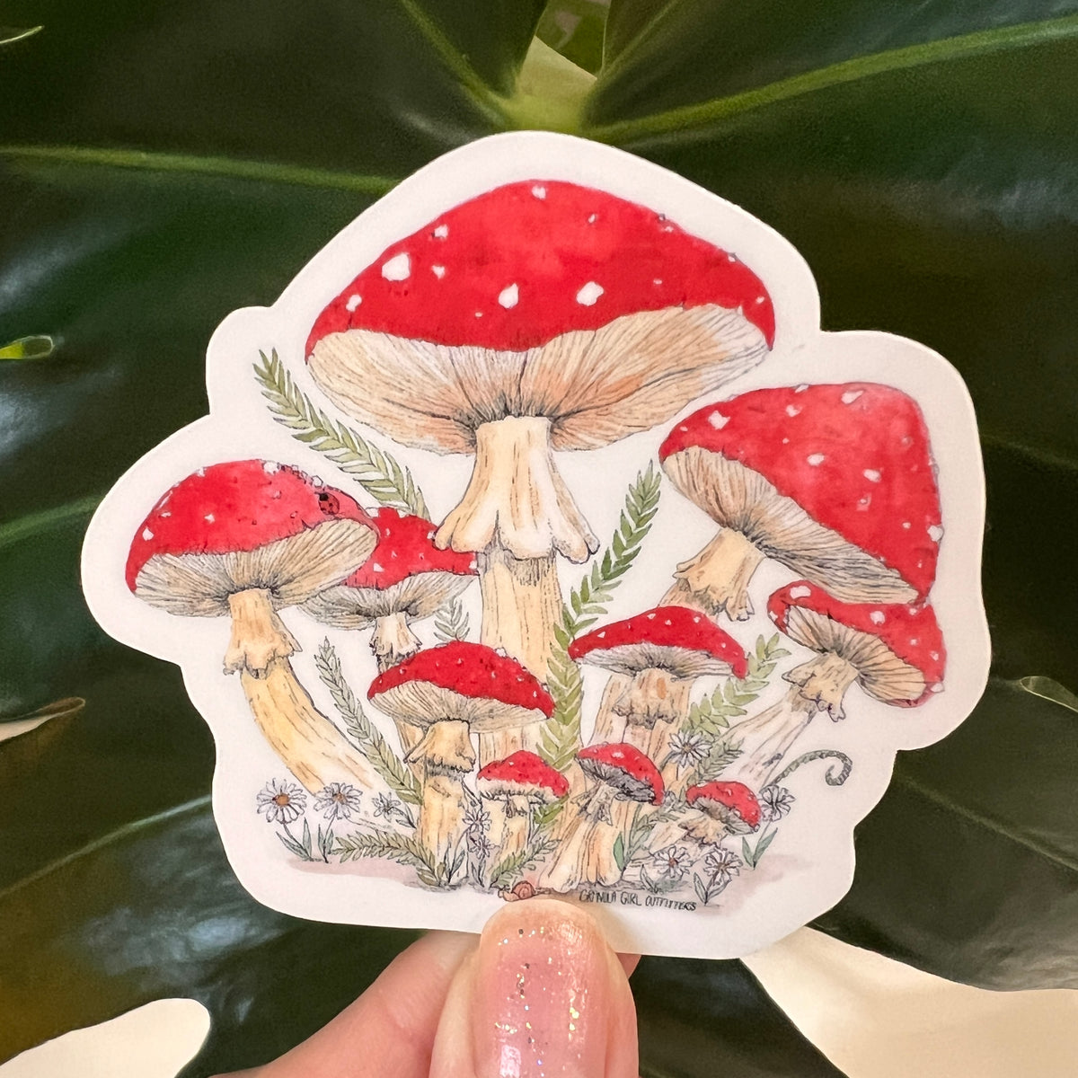 Photo of a hand holding up a red cap mushroom sticker against a leaf