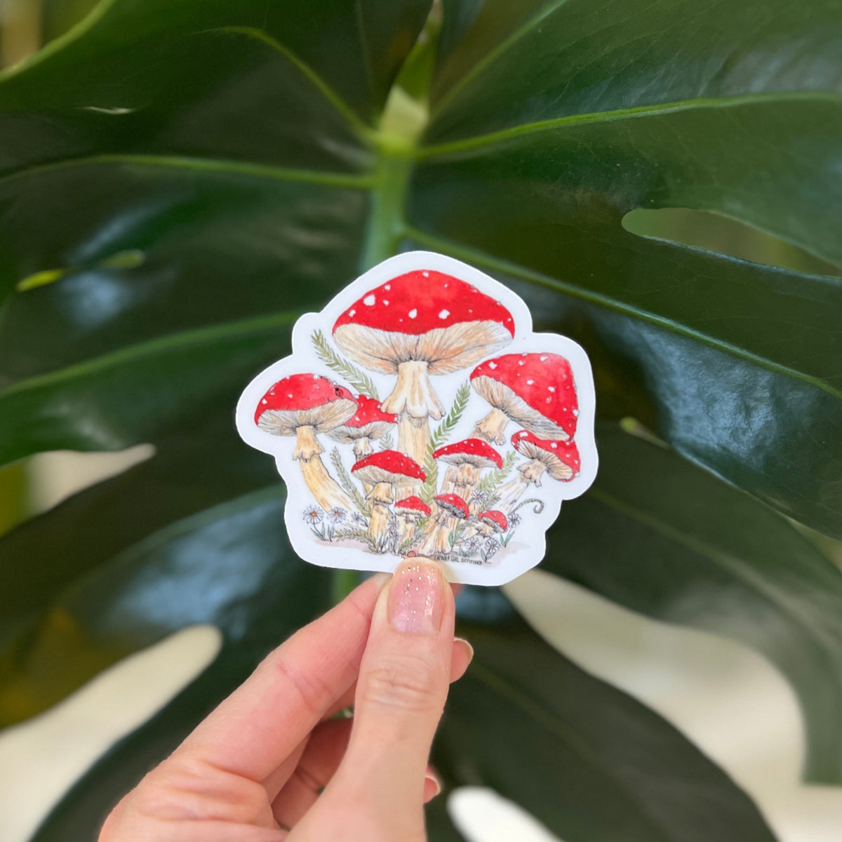 Hand holding a mushroom sticker in front of green leaves