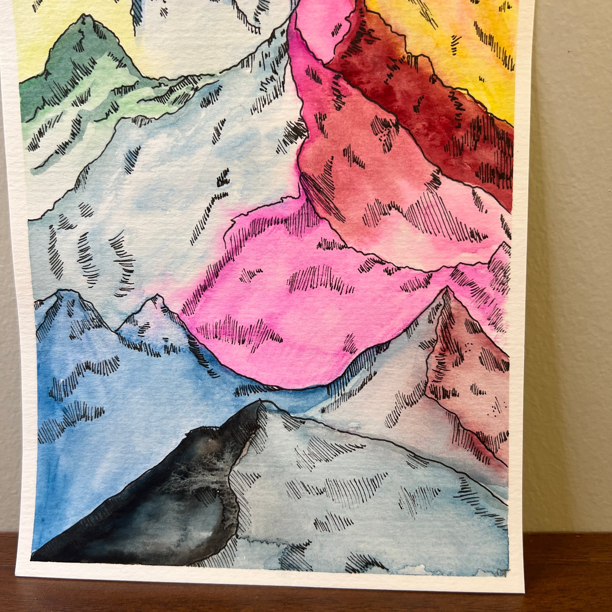 Colorful mountain landscape illustration on white watercolor paper