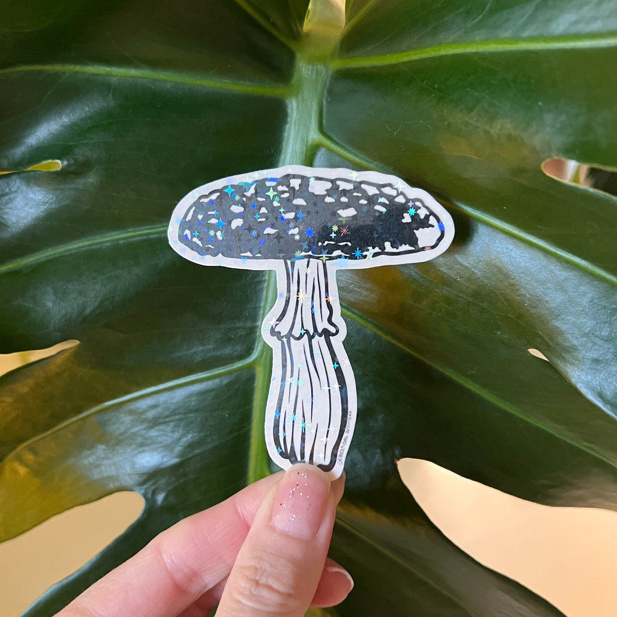 Hand holding a mushroom sticker