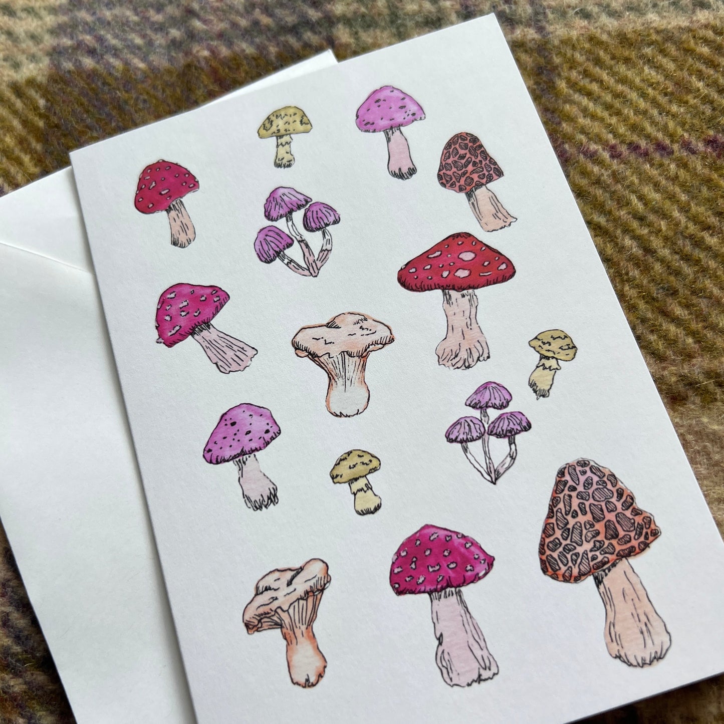 Colorful mushrooms greeting card